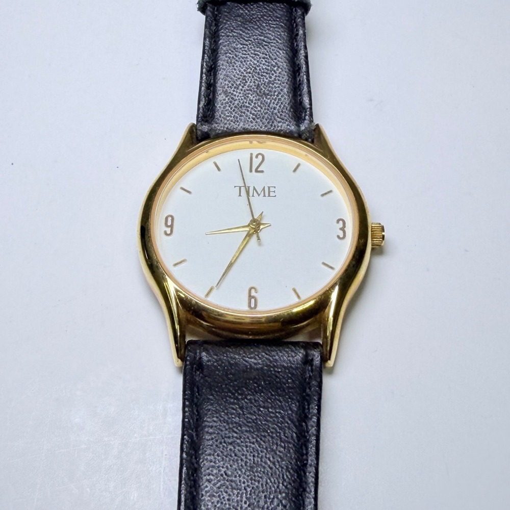 TIME Women Gold Tone Analog Watch White Dial Black Leather Strap Japan Movt
